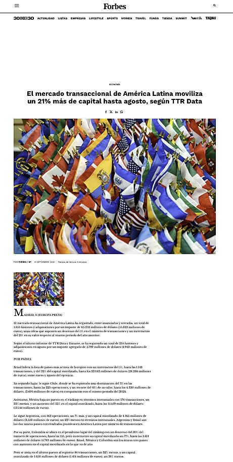 El mercado transaccional de Am�rica Latina moviliza un 21% m�s de capital hasta agosto, seg�n TTR Data